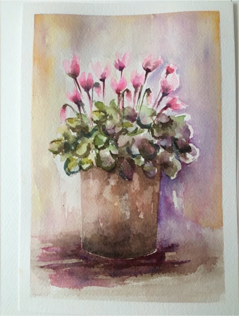 Original Watercolor Painting Pink Cyclamen Potted Floral Wall Art 6x9